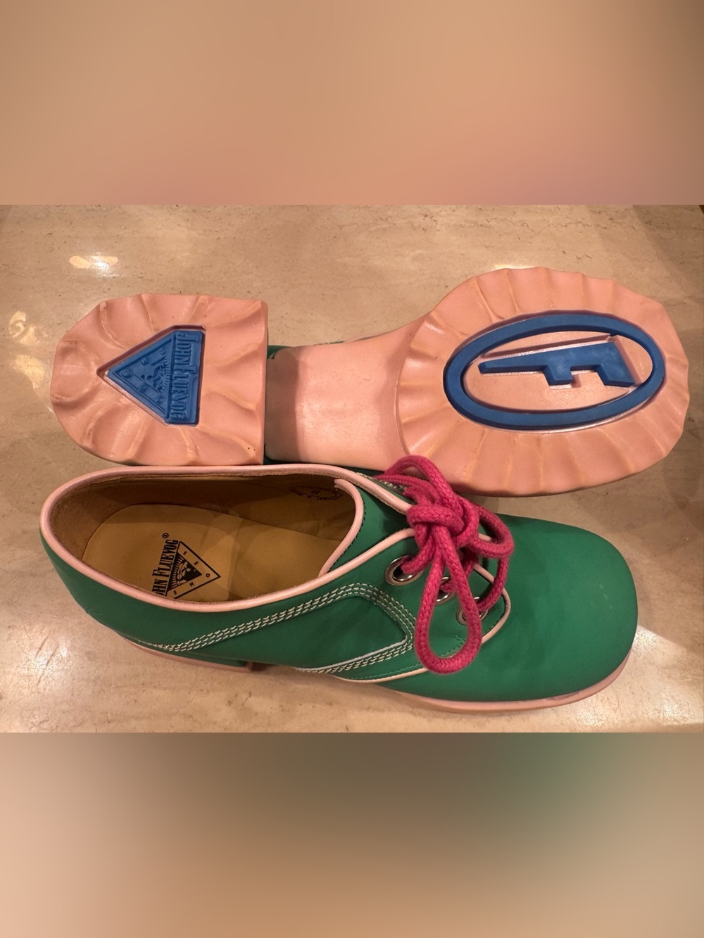 John Fluevog Green and Pink Platform Oxfords with Blue Accents